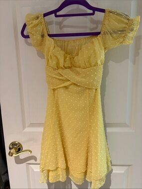 Lucy in the Sky Yellow Swiss Dot Off-Shoulder Mini Dress
